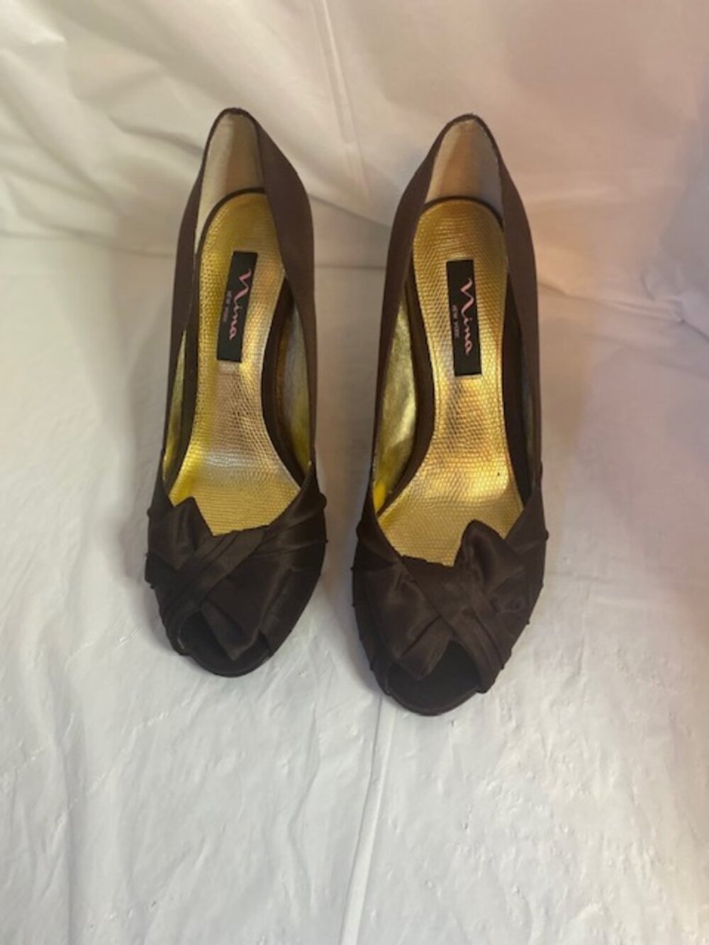 Nina New York -Paladin Brown Satin Pee-Toe-Heels/Pumps, Women's Size 8.5M